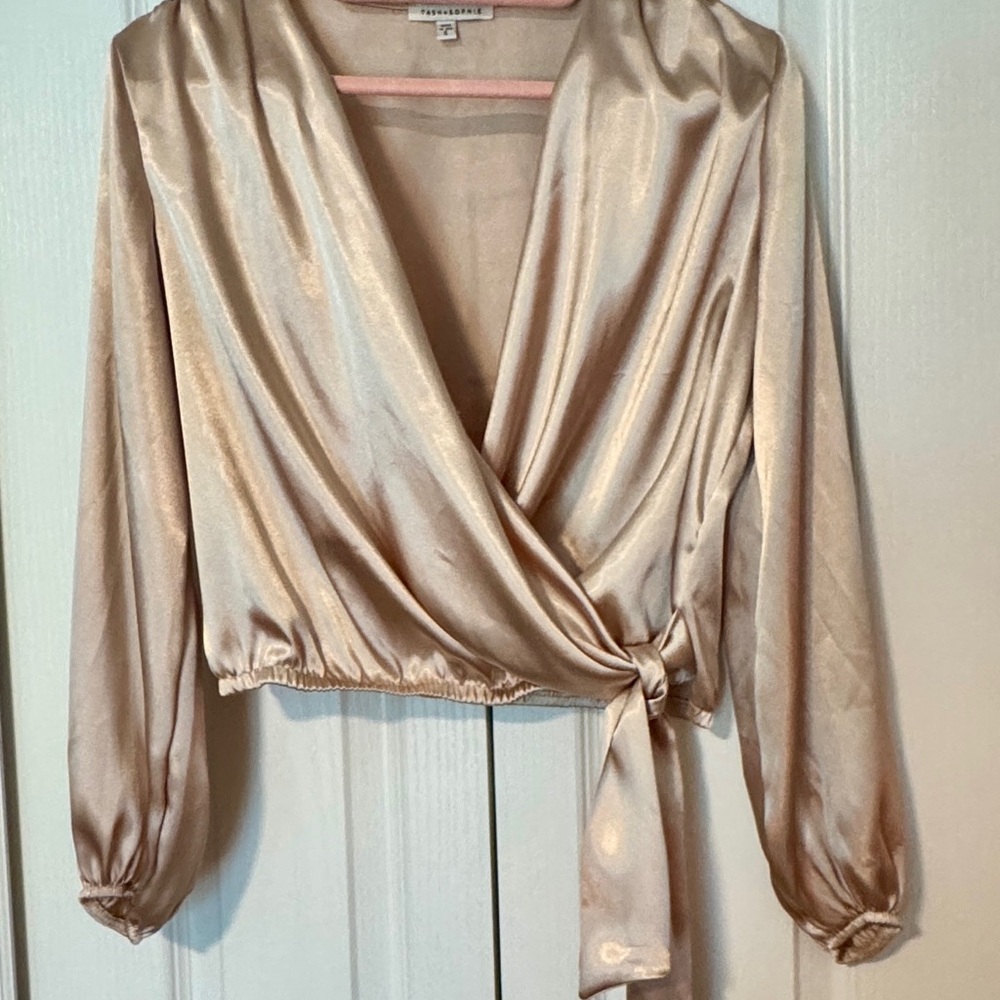 Elegant Satin Wrap Blouse in Champagne